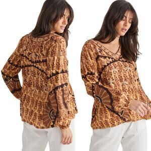 Talisman Boho V-Neck Novelty Embroidered Sitara Top in Golden Floral size Large